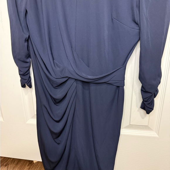 Elie Tahari Navy Draped Midi Dress Women's M | Elegant Ruched 3/4 Sleeve - Picture 2 of 5